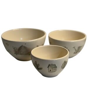 VTG Pfaltzgraff Mixing Bowls Cream Naturewood Garden Beehive Birdhouse Set of 3